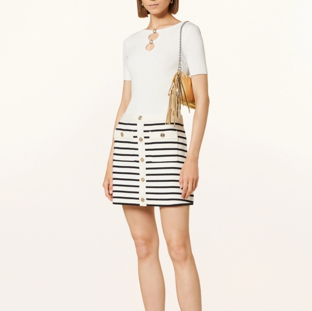 Maje Wool Blend Knitted Striped Mini Skirt With Pockets & Buttons Size 40